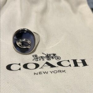 Coach Sculpted Signature Silver Signet Ring with Blue Accent